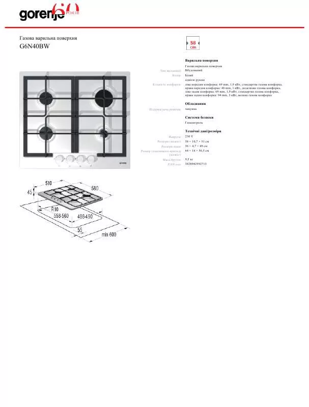 Mode d'emploi GORENJE G6N40BW