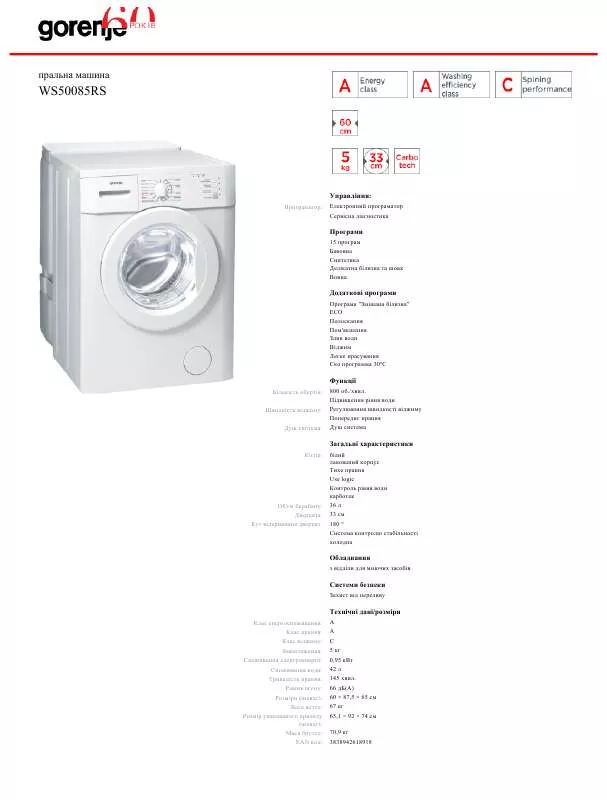 Mode d'emploi GORENJE WS50085RS