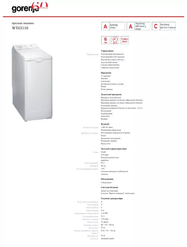 Mode d'emploi GORENJE WT63110