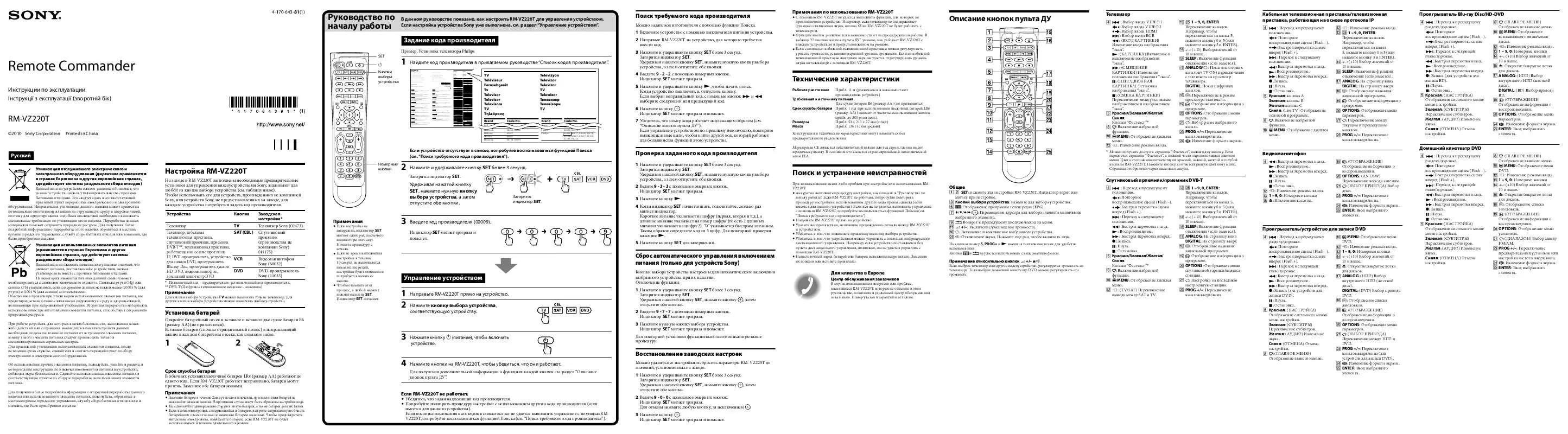 Mode d'emploi SONY RM-VZ220T